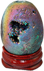 mookaitedecor Druzy Agate Geode Specimen, Rainbow Titanium Coated Quartz Crystal Egg Figurines with Wood Stand