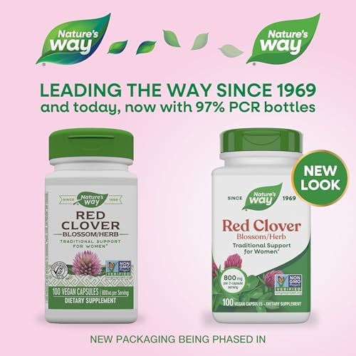 Nature's Way Red Clover Blossom Herb, Traditional Health Support for Women*, 800 mg per 2-Capsule Serving, Non-GMO Project Verified, Red Clover Supplement, 100 Vegan Capsules (Packaging May Vary)
