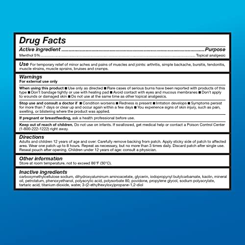 Amazon Basic Care Maximum Strength Pain Relieving Medicated Cold Hot 5% Menthol Patch for Muscle and Joint Pain Relief, 7.87" x 3.93", 15-Count Box (Previously HealthWise)