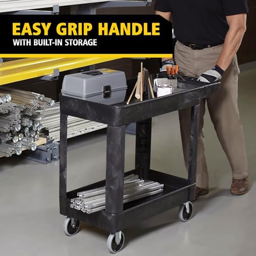 Rubbermaid Commercial Products 2-Shelf Utility/Service Cart, Small, Lipped Shelves, Storage Handle, 500 lbs. Capacity, for Warehouse/Garage/Cleaning/Manufacturing