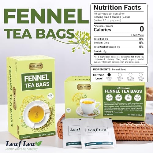 LeafLea 40 Fennel Tea Bags, 100% Natural & Pure Fennel Seed Tea, Gentle Digestion & Fresh Breath, Mild Sweet Finish, Caffeine-Free, Sugar-Free, Vegan, Non-GMO, Individually Wrapped