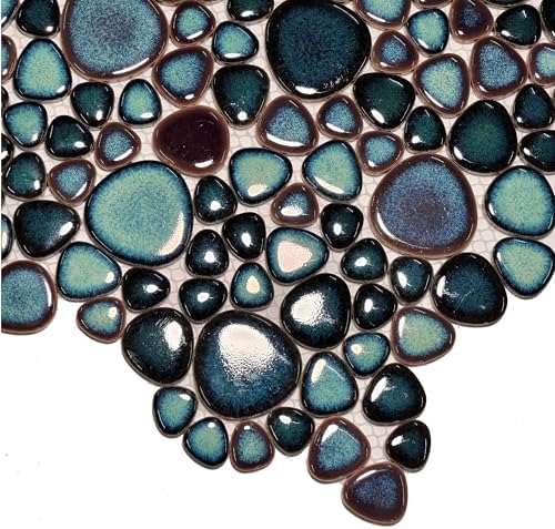Hominter Artisan Pebble Mosaic Tile Sheet Irregular Blue Green Stone-Look Waterproof Ceramic Shower Floor & Wall Tiles, Kitchen Bath Backsplash and Pool Tiles (3x12 Sample)