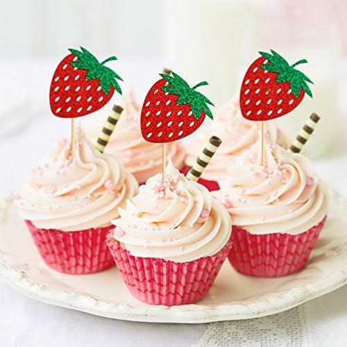 36Pcs Glitter Red Strawberry Cupcake Toppers Red Strawberries Cupcake Picks for Berry Strawberry Baby Shower Kids Boys Girls Birthday Sweet Fruit Party Bridal Shower Wedding Cake Decorations