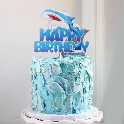 Blue Glitter Shark Happy Birthday Cake Topper,Ocean Sea Animal Theme Baby Shower Party Supplies,Under the Sea Shark Cake Decorations