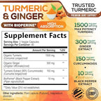 Turmeric Curcumin Supplement - 95% Curcuminoids with Organic Turmeric & Ginger, BioPerine Black Pepper Extract for Best Absorption, Natural Vegan Joint Support, Non-GMO, Bottled in USA - 120 Capsules