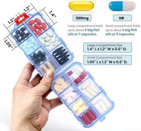 3 Pack 14 GRIDS Travel Pill Organizer Box with Labels - Travel Medicine Case Kit - Pocket Daily Pharmacy Container - Travel Medication Holder Dispenser for Fish Oil Vitamin Supplement Storage - Clear