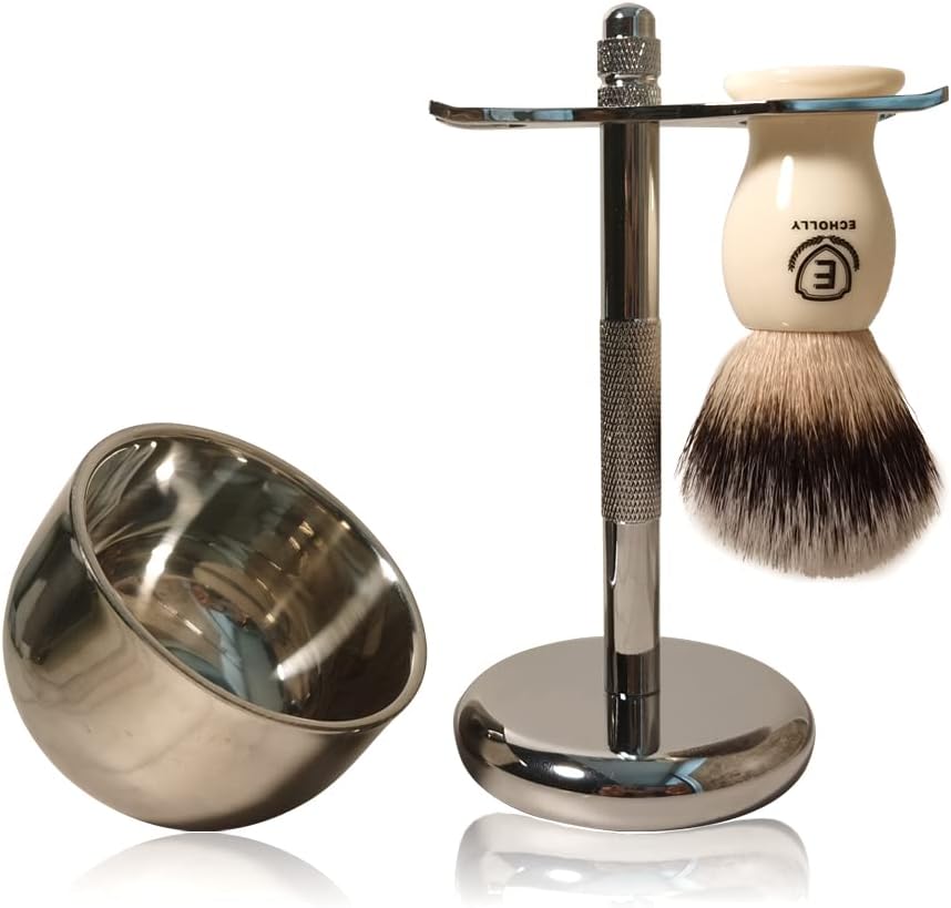3 in1 Premium Shaving Brush Kit for Men Includes Vegan Badger Synthetic Hair Shaving Brush,Stainless Steel Shaving Soap Bowl,Heavy Safety Stand for Mens Gift (Ivory White)