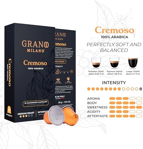 Grano Milano Cremoso Coffee Capsules - 100 Aluminum Coffee Pods Compatible with Nespresso Original line,100% Arabica Medium Roast - Intensity 8/12, Made in Italy