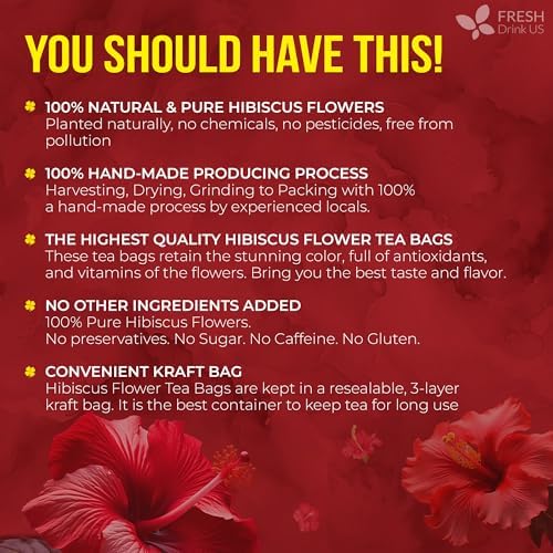 FRESHDRINKUS 140 Hibiscus Flowers Tea Bags, 100% Natural, Pure from Hibiscus Flowers. Loose Flower Hibiscus Herbal Tea. Hibiscus Flower Tea. No Sugar, No Caffeine, No Gluten, Vegan.