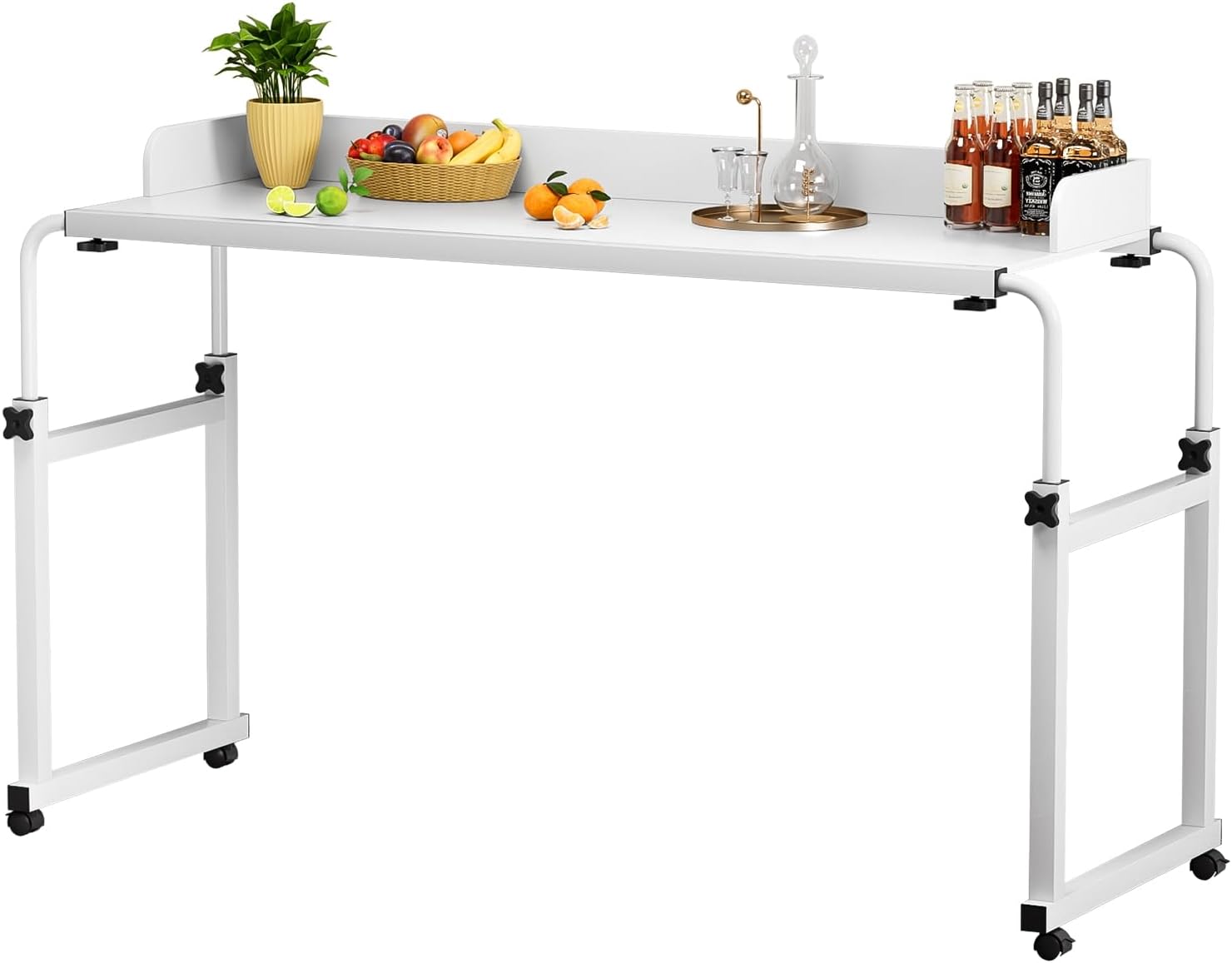 Overbed Table with Wheels,Queen Size Mobile Bed Desk,Height Adjustable Overbed Table,Standing Workstation Laptop Cart,Rolling Over-The-Bed Laptop Desk with Raised Baffle for Home Office WHI