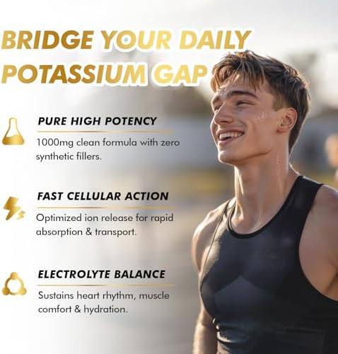 High Potency Potassium Chloride 1000mg Potassium Supplement – Supports Electrolyte Balance, Heart, Muscle & Nerve Health | Vegan, Non-GMO, Gluten-Free – 90 Capsules