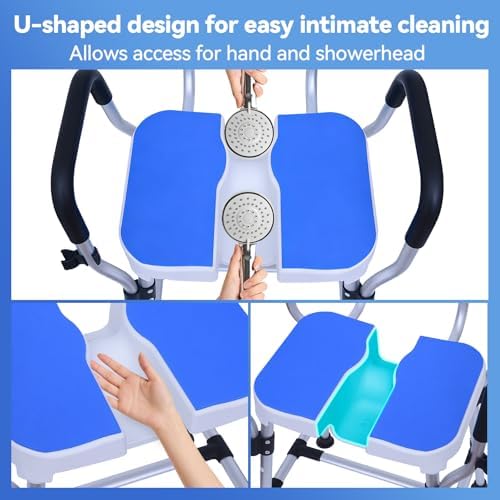 U-Shaped Shower Chair for Elderly & Disabled, Heavy Duty Shower Chair with Back and Arms, Height Adjustable Bath Seat, Non-Slip Feet, 400 lbs Capacity, Tool-Free Assembly