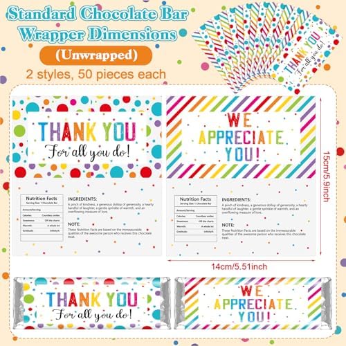 Moinchore 100 Pcs Teacher Appreciation Gifts Employee Appreciation Gifts We Appreciate You Chocolate Candy Wrappers for Paraprofessional Team Party Favor DIY Lover Birthday Graduation(Dot)