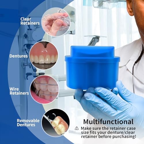 Denture Cup Dental Retainer Case Cleaning with Strainer Basket, Orthodontic Bath Box Mouthguard Storage Soaking Holder - Dark Blue