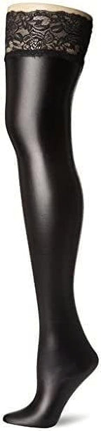Women's Lingerie Black Lycra Wet Look Thigh High Stockings With Lace