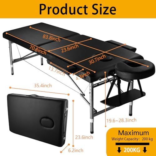 Massage Table Portable Height Adjustable Massage Bed Foldable Spa Lash Tattoo Esthetician Bed 24" Wide Aluminum 2 Fold with Carrying Bag Black