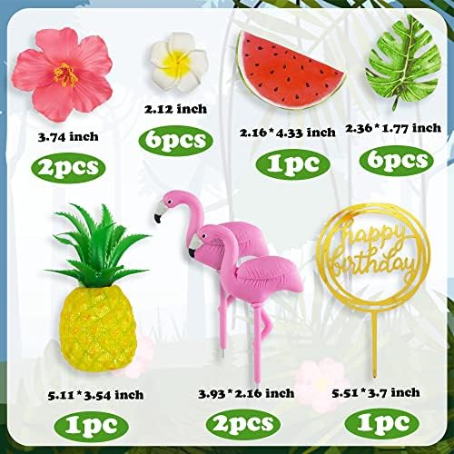 Flamingo Cake Toppers Summer Cake Decorations Pineapple and Hibiscus Flower Palm Leaf Cake Toppers for Tropical Hawaiian Beach Luau Themed Birthday Supplies (Style 1)