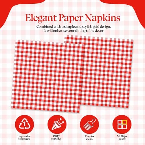 50 Pcs Red Gingham Paper Napkins, Disposable Red and White Checkered Luncheon Napkin Plaid Dinner Beverage Napkin for Picnic Baby & Bridal Shower Wedding Birthday Party Decorations