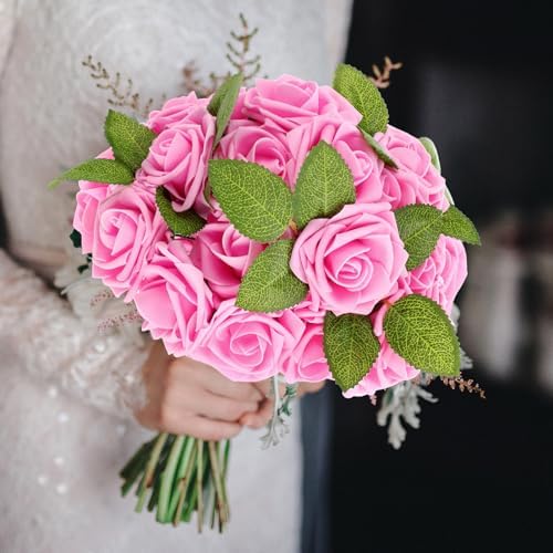 50 Pcs Artificial Foam Rose Flower Faux Bouquet Wedding Fake Rose Gift for Mother's Day Women DIY Bridal Shower Party Table Birthday Home Spring Decor (Bright Pink)