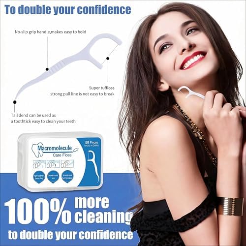 Dental Floss Picks with Portable Case – 50 Count Travel Flossers with Non-Slip Handle & Built-in Toothpick for Easy Daily Cleaning