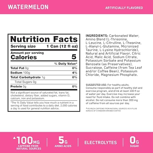 Optimum Nutrition Amino Energy Sparkling Hydration Drink, Electrolytes, Caffeine, Amino Acids, BCAAs, Sugar Free, Watermelon, 12 Fl Oz, 12 Pack (Packaging May Vary)