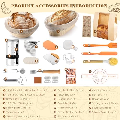 Sourdough Starter Kit, Bread Making Kit with Sourdough Starter Jar for Beginners, Banneton Bread Proofing Basket for Home and Kitchen, Sourdough Bread Baking Supplies, Bread Making Tools Kit