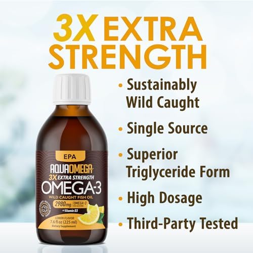 Triple Strength Omega 3 Fish Oil Supplements (2980mg), Wild Caught Fishoil, High EPA & DHA Liquid Fish Oil Omega 3 with Vitamin D, 2000mg EPA and 650mg DHA, 7.60floz (225ml), Lemon Flavor