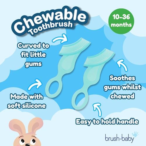 Brush-Baby Chewable Soft Toothbrush for Babies & Toddlers | Stage 2 First Teeth - Teething | Suitable from 10-36 Months | Gently Cleans Baby Teeth and soothes Sore Gums | Teal Colour, Pack of 2