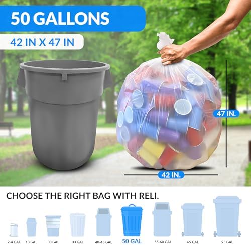 Reli. 50 Gallon Trash Bags Heavy Duty (50 Count) | Clear | Twist Ties Included | Extra Tough, Leak-Proof Garbage Bags | Ideal for Large Clean Ups