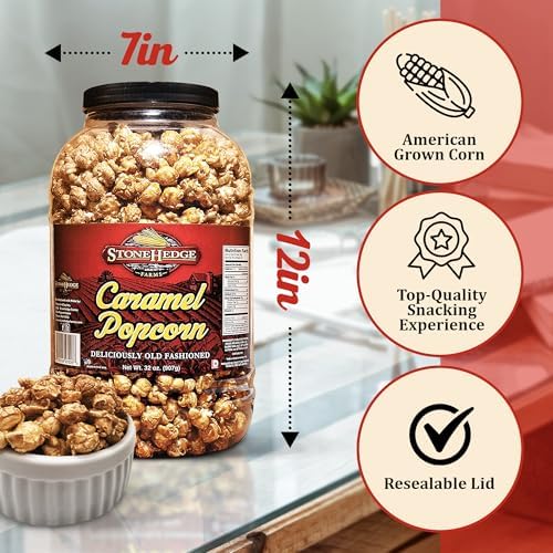 Stonehedge Farms Caramel Flavored Popcorn | 32 oz Large Tub | Perfect for Holidays and Christmas | Bulk Gourmet Popped Sweet Snacks | Carmel Pop Corn | 2 Pound Gift