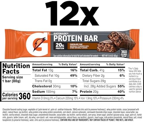 Gatorade Whey Protein Recover Bars, Chocolate Chip, 2.8 ounce(Pack of 12)