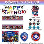 46Pcs superhero Birthday Party Supplies, Avengers Party Decorations Set Include Banner, Backdrop, Balloons, Hanging Swirls, Cake Cupcake Toppers, Tablecloth for Boys Girls Avengers Theme Party