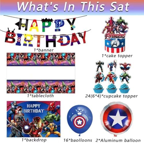 46Pcs superhero Birthday Party Supplies, Avengers Party Decorations Set Include Banner, Backdrop, Balloons, Hanging Swirls, Cake Cupcake Toppers, Tablecloth for Boys Girls Avengers Theme Party
