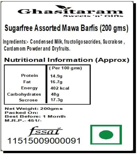 Ghasitaram Gifts Indian Sweets - Sugar Free Assorted Mawa Barfis (200 GMS)