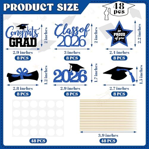 48 PCS Grad Cupcake Toppers, 6 Styles Graduation Cake Topper, Congrats Graduation Decorations 2026, Glittery Black and Blue Cap and Diploma Cake Picks for Grad Decor Party Supplies