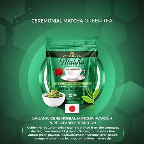 Golden Herbs Matcha Superior Ceremonial Blend Green Tea Powder from Uji, Kyoto, USDA Organic, Gluten-Free Vegan, 100% Pure Unsweetened, No Additivesm, Resealable Freshness Pouch (30 Grams / 1.06 OZ)