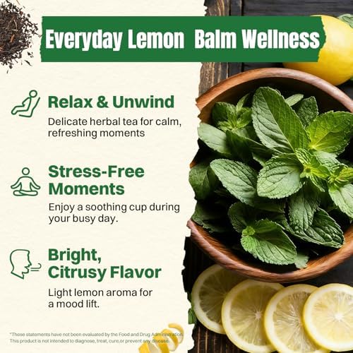 Hiihone Lemon Balm Tea Bags 20 Count – Pure & Natural Lemon Balm Tea, Caffeine-Free Herbal Tea, Calming & Soothing, Non-GMO, Fresh Citrusy Flavor