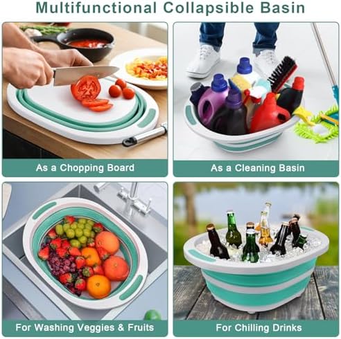 Collapsible Wash Basin for Baby Bottles, Cutting Board for Kitchen, BBQ Prep Tub for RV Home Foldable Dish Pan for Kitchen Sink, Ice Beverage Tubs Cleaning Supplies for Outdoor Camping Veggies Washing