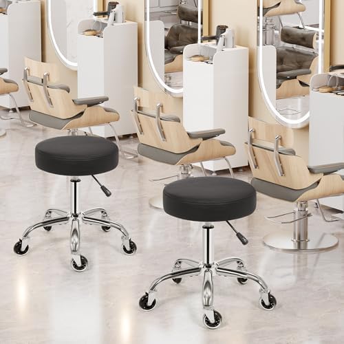 ANWBROAD Round Rolling Stool with Wheels Height Adjustment 360° Swivel Stool Heavy Duty Wide Chair PU Leather Soft Seat Cushion for Massage, Salon, Bar, Home, Office, Tatoo, Medical, Black UWSC001B