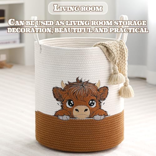 Honeydak Highland Cow Laundry Basket Brown Tall Cotton Rope Laundry Hamper Large Nursery Storage Basket for Toy Clothe Bathroom Bedroom Organization Decor, 15 x 17.7 Inches