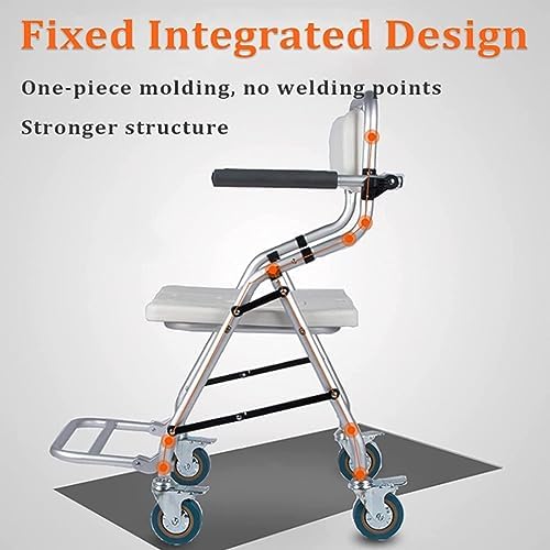 Mobile Shower Chair, Bedside Commode Chair for Elderly, Wheeled Commode Chair, Shower Stool with Folding Armrests and Ergonomic Backrest (Without EVA Pad)