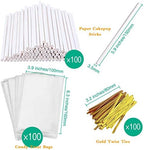300 PCS Cake Pop Sticks and Wrappers Kit, Including 100ct 6-inch Paper Lollipop Sticks, 100ct Clear Candy Treat Bags Parcel, 100ct Gold Twist Ties for Cakepop, Lollipop, Hard Candy, Suckers, Chocolate