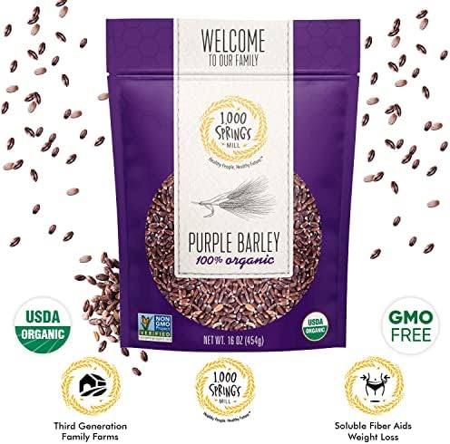 1000 Springs Mill - Organic Purple Barley | Used for Cereals, Salads, Whole Wheat Bread, Fresh Barley Flour, Sprouting Seeds, and more | Bulk Dried Grain | Resealable Bag | 16oz (Pack of 1)