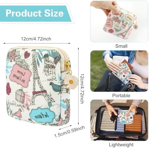 Amabro Sanitary Napkin Storage Bag, 2PCS Period Bags Cute Sanitary Pad Storage Pouch Tampon Pantyliners Menstrual Purse Daisy Zipper for Women Teen Girls School Travel Feminine Product(Tower)