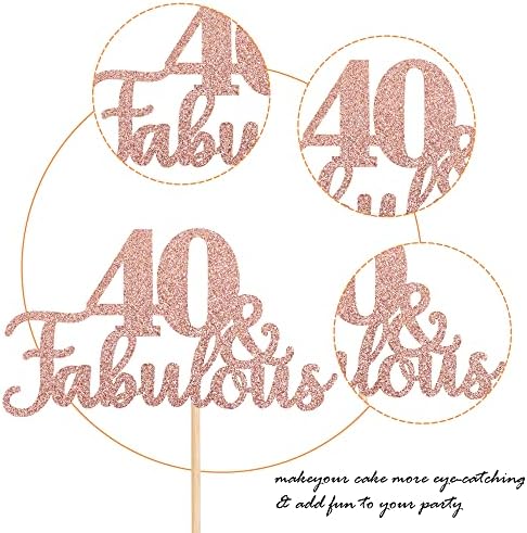 1 PCS 40 & Fabulous Cake Topper Glitter Forty and Fabulous Cake Toppers Happy 40th Birthday Cake Pick for 40th Wedding Anniversary Birthday Party Cake Decorations Supplies Rose Gold