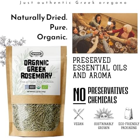 APSOGO Organic Dried Rosemary Leaves - 3.52oz Resealable Pouch - Premium Greek Whole Leaves, Rich Aroma & Green Color - Mediterranean Rosemary for Tea & Cooking