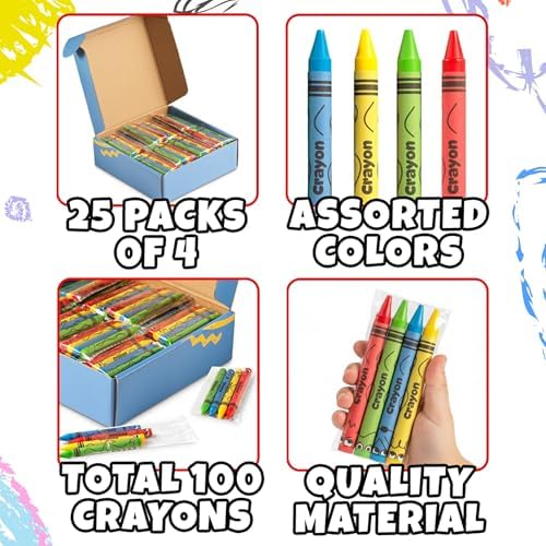 Bulk Crayons 100 Pack (25 Sets of 4) - Individually Wrapped Crayons Party Favors for Kids, Restaurants, Classrooms, Birthday Goodie Bags, School Supplies, Travel, Toddler Coloring Fun, Non-Toxic Wax