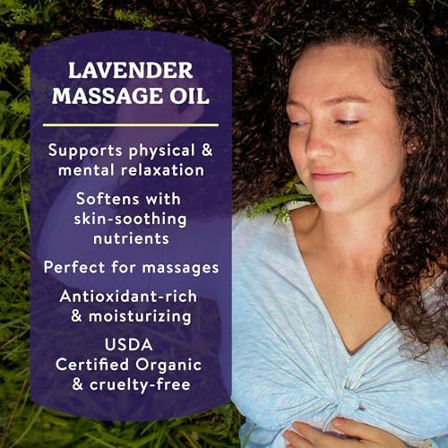 Badger Lavender Massage Oil, 100% Organic Massage Oil, Relaxing & Moisturizing Pure Aromatherapy Oils of Lavender, Bergamot & Balsam Fir, 4 fl oz Glass Bottle