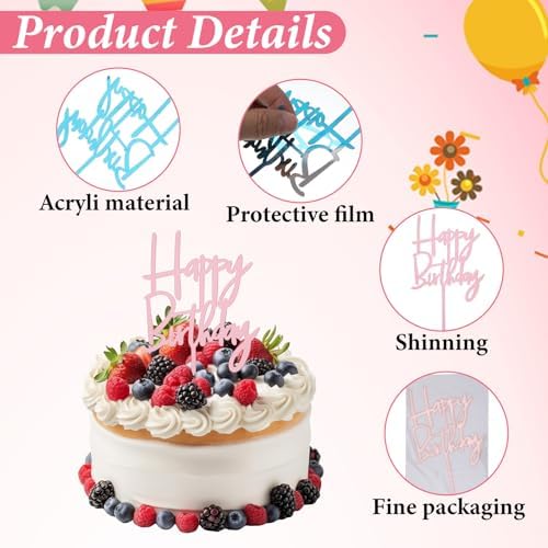 Nogeqi 4PCS Acrylic Happy Birthday Cake Topper, Happy Birthday Cake Decorations Sign for Party Desserts Decoration Ideas (Gold, Silver, Black, Rose Gold)