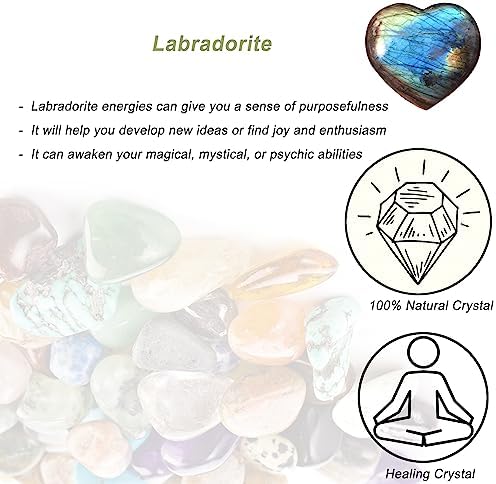 Natural 2" Labradorite Crystal Heart Palm Stone, Large Heart Shaped Love Stone, Polished Heart Carving Healing Crystals for Chakra Reiki Balancing Therapy Meditation Home Decoration